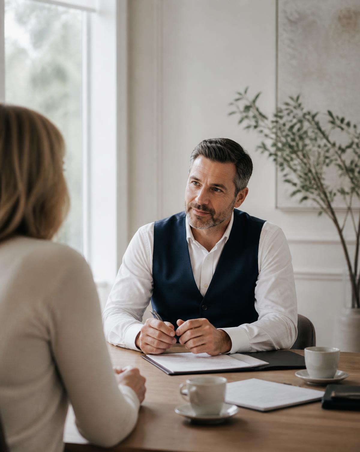 Asesor de Mutual Care escuchando a un cliente durante una consulta